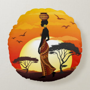 Almofada Redonda A linda mulher africana Silhouette sobre os sóis a