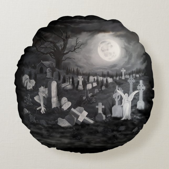 Almofada Redonda À noite no cemitério - Anjo com o Diabo (Frente)
