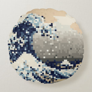 Almofada Redonda A onda do Excelente de Kanagawa 8 Bit Pixel Art