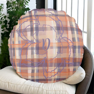 Almofada Redonda A queda do tartan monograma deixa o púrpura laranj