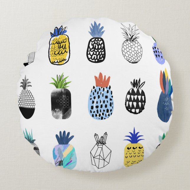 Almofada Redonda Abacaxis texturizados, coleção de safras. (Frente)