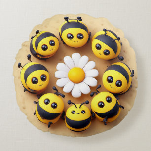 Almofada Redonda Abejas de desenho animado fofas em torno da flor m
