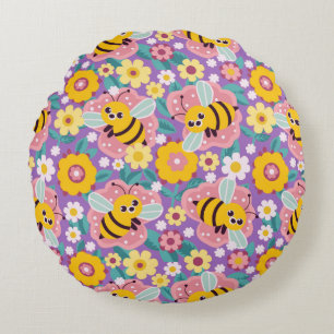 Almofada Redonda Abejas e Flores de Desenho Adoráveis