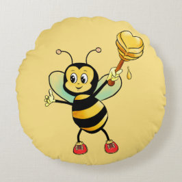 Almofada Redonda Abelha Bumble Fofa com Coração em Bege Dourado
