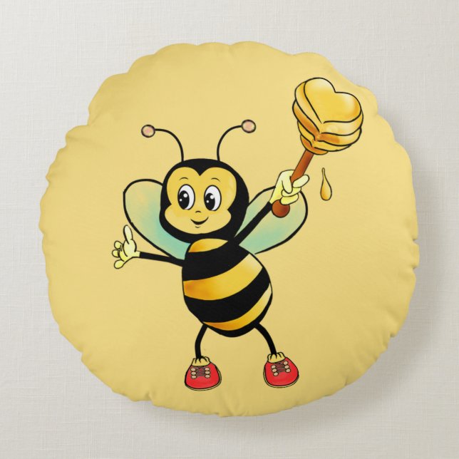 Almofada Redonda Abelha Bumble Fofa com Coração em Bege Dourado (Frente)