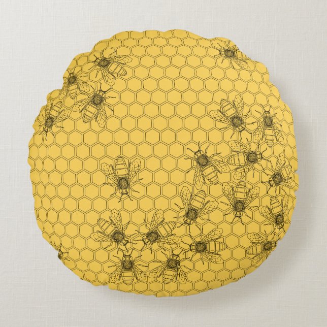Almofada Redonda Abelhas de Mel Amarelo e Pentes de mel (Frente)