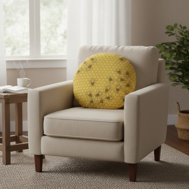 Almofada Redonda Abelhas de Mel Amarelo e Pentes de mel (Criador carregado)