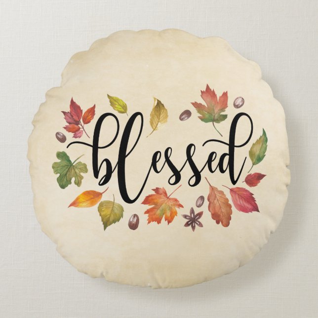 Almofada Redonda Abençoado Com A Caligrafia Negra E Folhas De Outon (Frente)