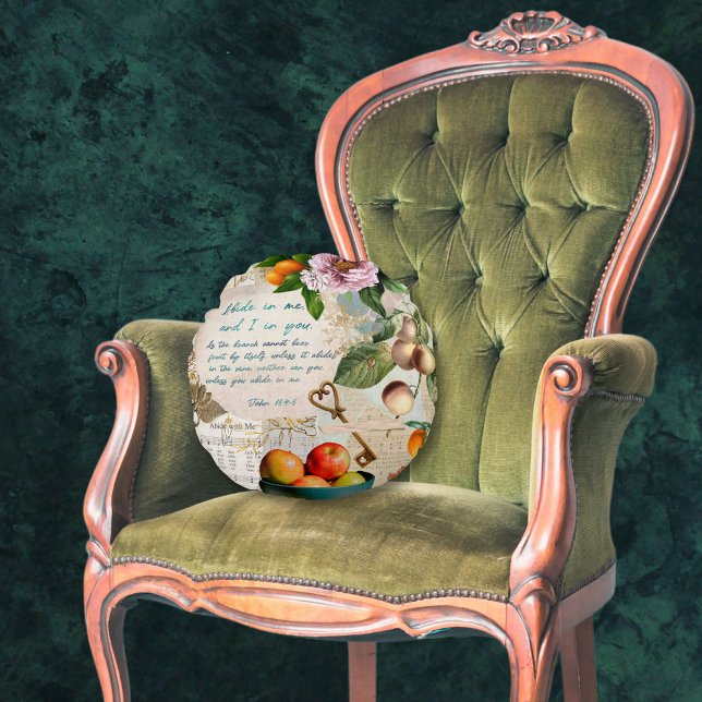 Almofada Redonda Abide in Me Fruitoso Faith (Vintage inspired pillow is a collage with teaching from the Christian faith.)