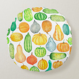 Almofada Redonda Abóbora de aquarela, padrão sem costura de squash