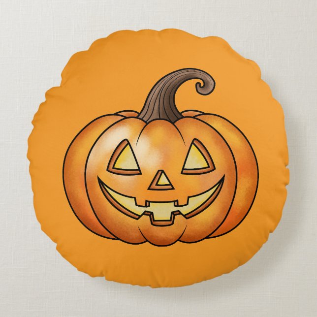 Almofada Redonda Abóbora de desenho animado Jack O Lantern laranja  (Frente)