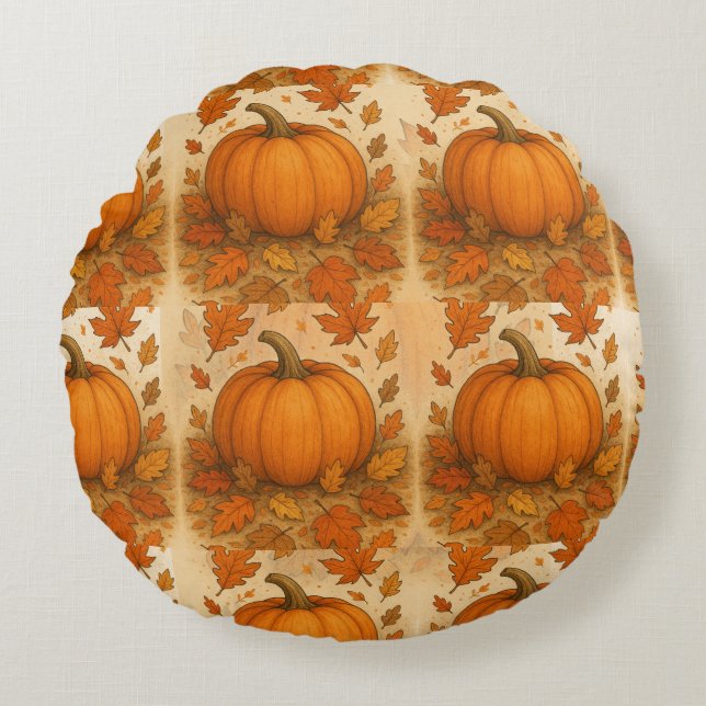 Almofada Redonda Abóbora de outono de ouro e Folhas de outono (Frente)