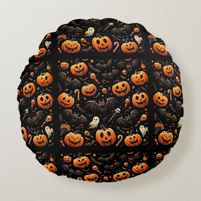 Almofada Redonda Abóboras e morcegos (Frente)