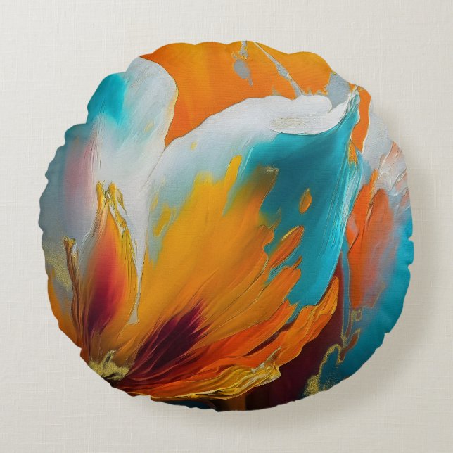 Almofada Redonda Abstract Bloom in Orange and Teal (Frente)