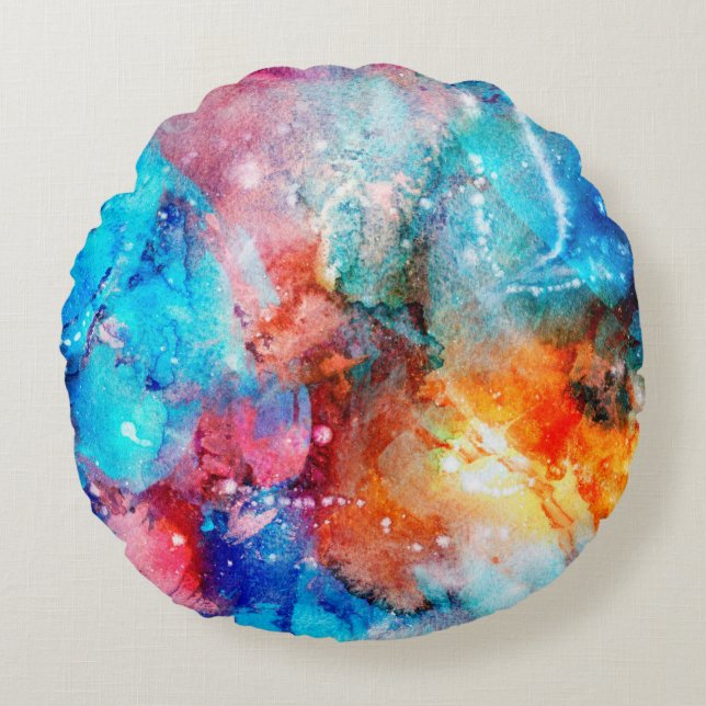 Almofada Redonda Abstract hand-made texture. Marbling blue and oran (Frente)