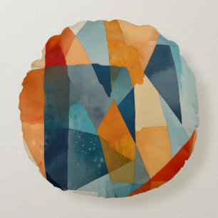 Almofada Redonda Abstrato Ângulos de Azul e Laranja