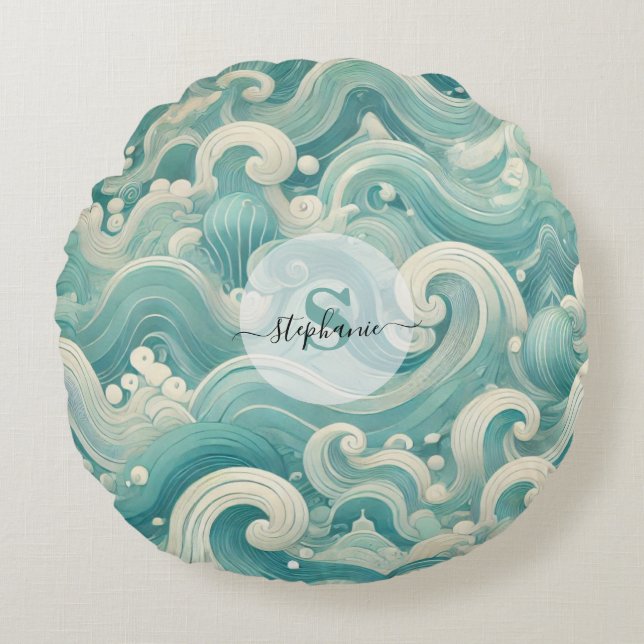 Almofada Redonda Abstrato Aqua Blue & White Wave - Arte Fluida Mode (Frente)