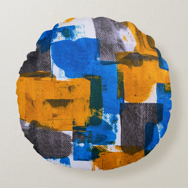 Almofada Redonda Abstrato azul, laranja e cinza (Frente)