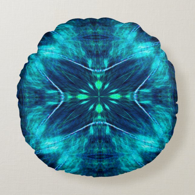 Almofada Redonda Abstrato Bloom Aqua e Blue Fractal Design (Frente)