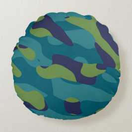 Almofada Redonda Abstrato Camuflado Azul Verde e Turquesa