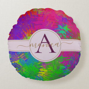 Almofada Redonda Abstrato Colorful Tie Dye Patterno Monograma Name