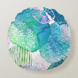 Almofada Redonda Abstrato floral cor d'água cor azul floral rosa br