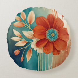 Almofada Redonda Abstrato Floral de ferrugem e turquesa