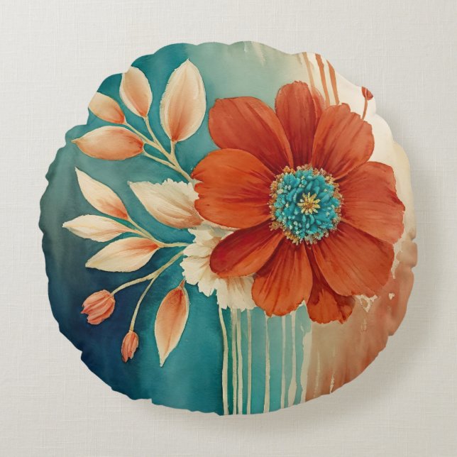Almofada Redonda Abstrato Floral de ferrugem e turquesa (Frente)