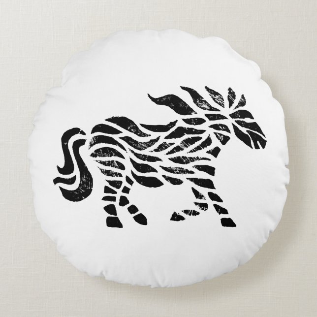 Almofada Redonda Abstrato Horse Woodblock Impressão (Frente)