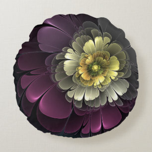 Almofada Redonda Abstrato Modern Purpur Khaki Cinza Flor Fractal