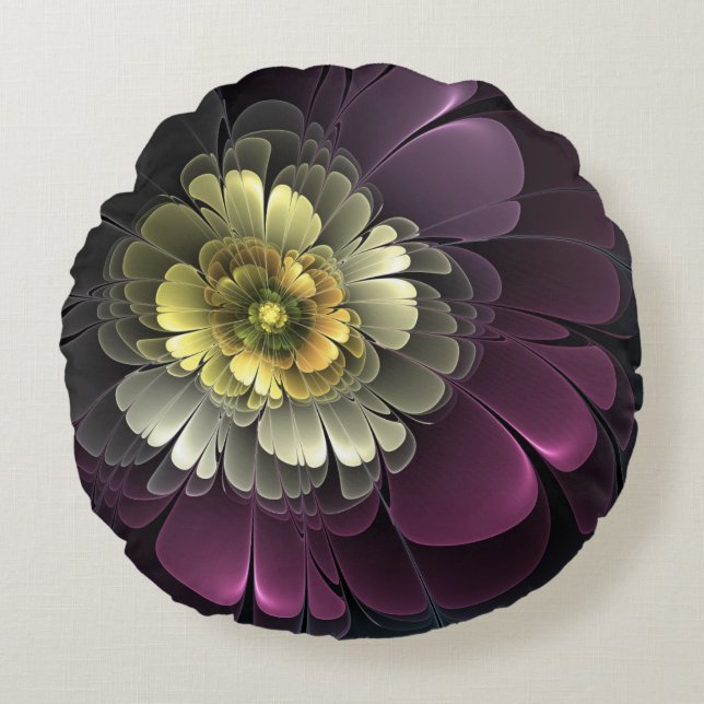Almofada Redonda Abstrato Modern Purpur Khaki Cinza Flor Fractal (Frente)