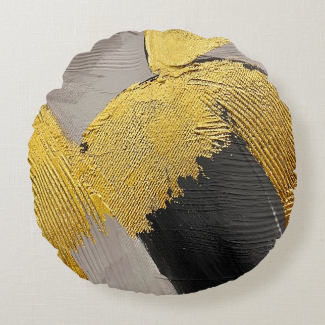 Almofada Redonda Abstrato monocromático com pinceladas de ouro (Frente)