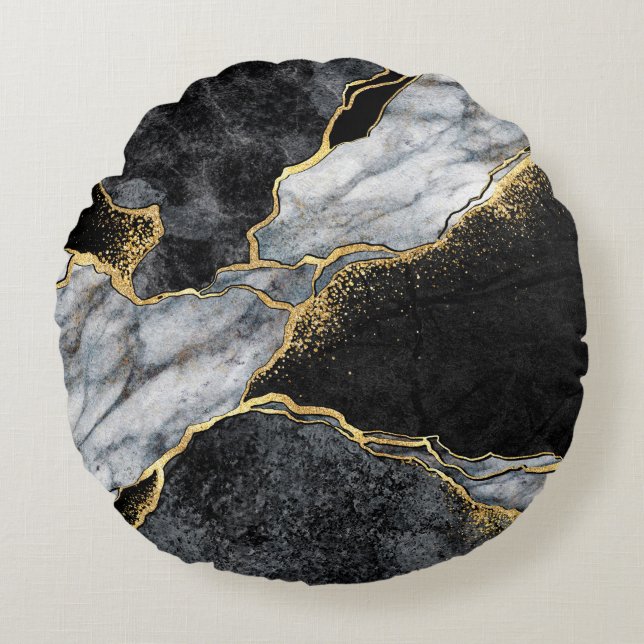 Almofada Redonda abstrato, mosaico de mármore preto e branco (Frente)