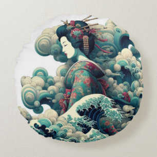 Almofada Redonda Abstrato Oriental Geisha Kanagawa ondas nuvens
