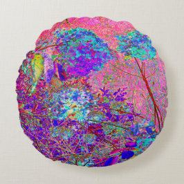 Almofada Redonda Abstrato púrpura e azul-hidrangea com magenta