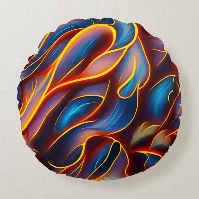 Almofada Redonda Abstrato Swirl Blue Red Flames (Frente)