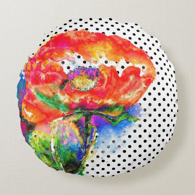 Almofada Redonda Abstrato vermelho Elegante bolinhas de aquarela fl (Frente)