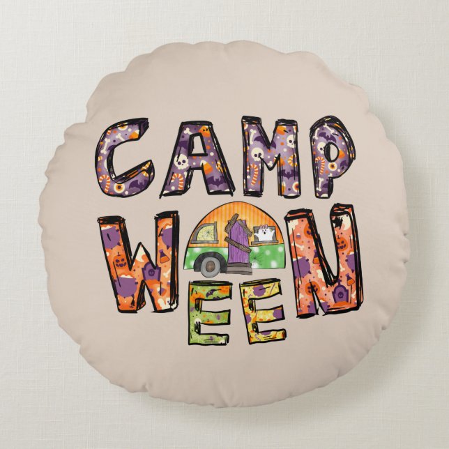 Almofada Redonda Acampamento Halloween | Word Pun (Frente)