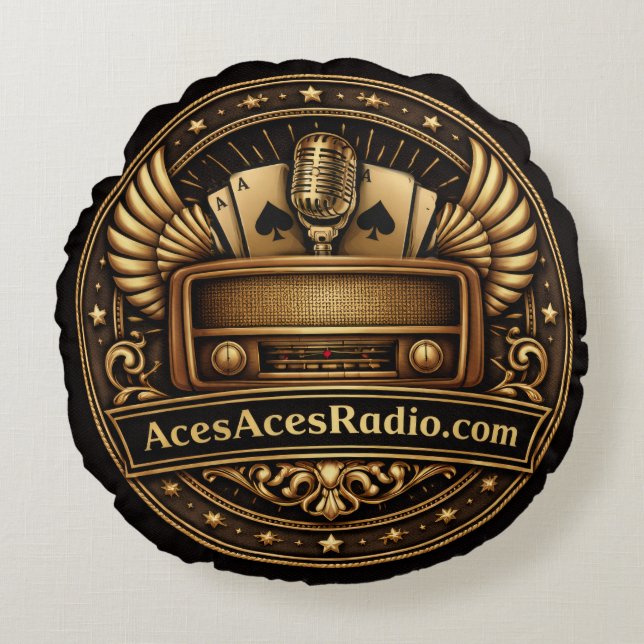 Almofada Redonda acesacesradio preto e dourado (Frente)
