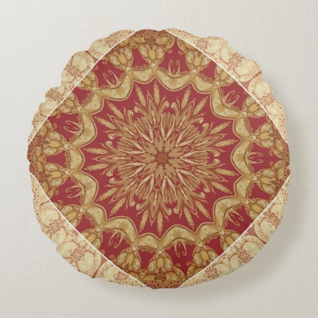 Almofada Redonda Achempong Designer Golden Red Ornate Accent Cushio (Frente)