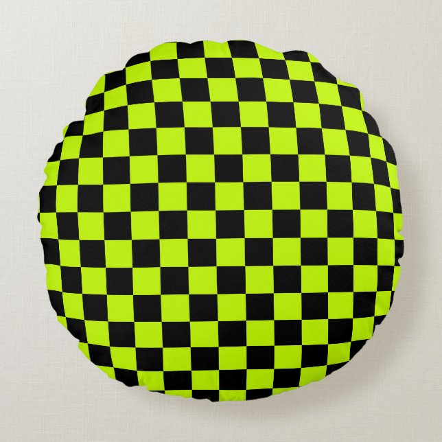 Almofada Redonda Acid green black checkerboard pattern (Frente)