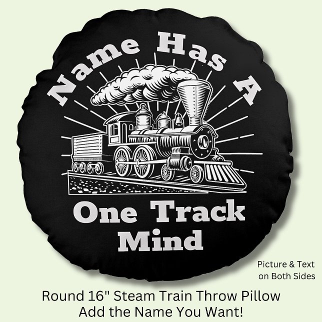 Almofada Redonda Adicionar Nome Editar Texto, Tem Um Comboio De Vap (Mans Funny Steam Train Round Pillow - Add Your Name.)
