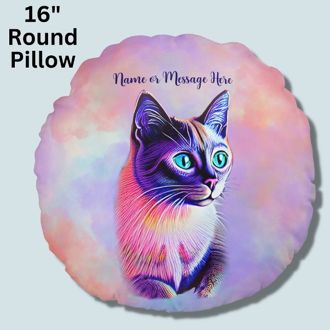 Almofada Redonda Adicionar texto de nome, Pastéis pintados com gato (Criador carregado)