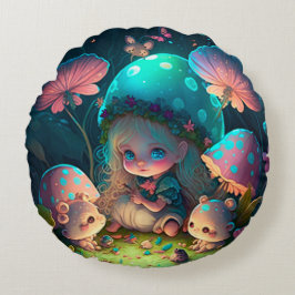 Almofada Redonda Adoráveis elfos fofos brincam sob cogumelos traves