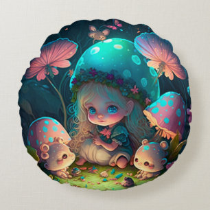 Almofada Redonda Adoráveis elfos fofos brincam sob cogumelos traves