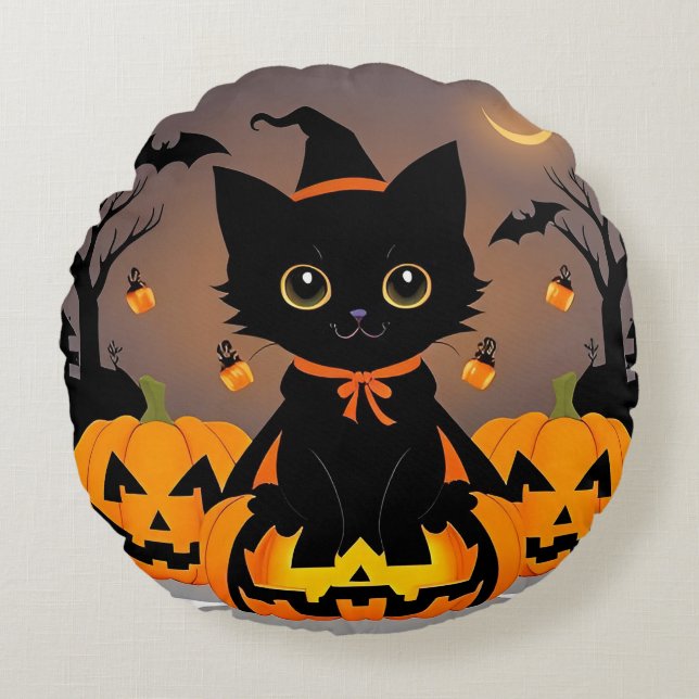 Almofada Redonda Adorável Black Kitten no Witch Hat