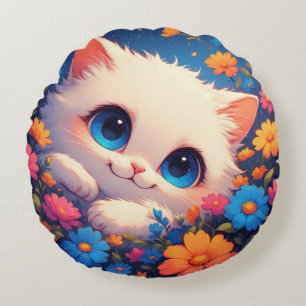 Almofada Redonda Adorável gatinho branco com olhos azuis brilhantes