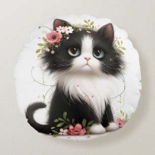 Almofada Redonda Adorável Tuxedo Kitten com Travesseiro decorativo