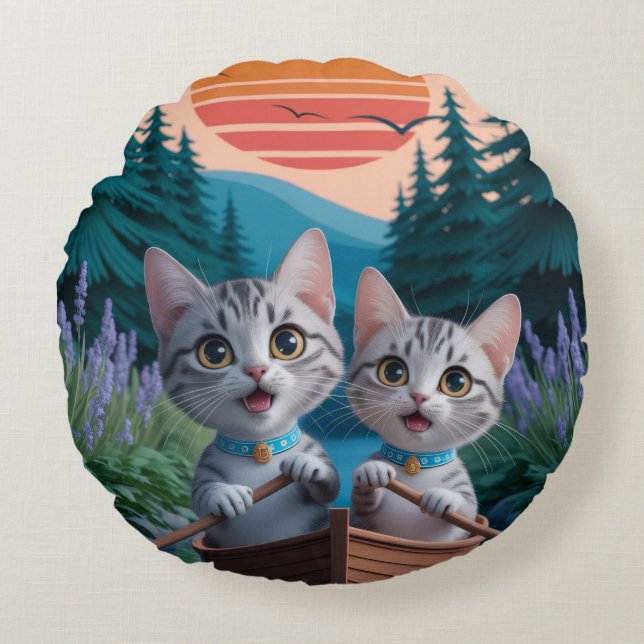 Almofada Redonda “Adventurous Kittens at Sunset – Cute Cat  (Frente)