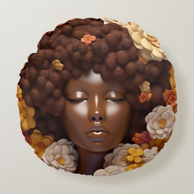 Almofada Redonda Afro-americana Rainha Negra Melanin Poppin (Frente)